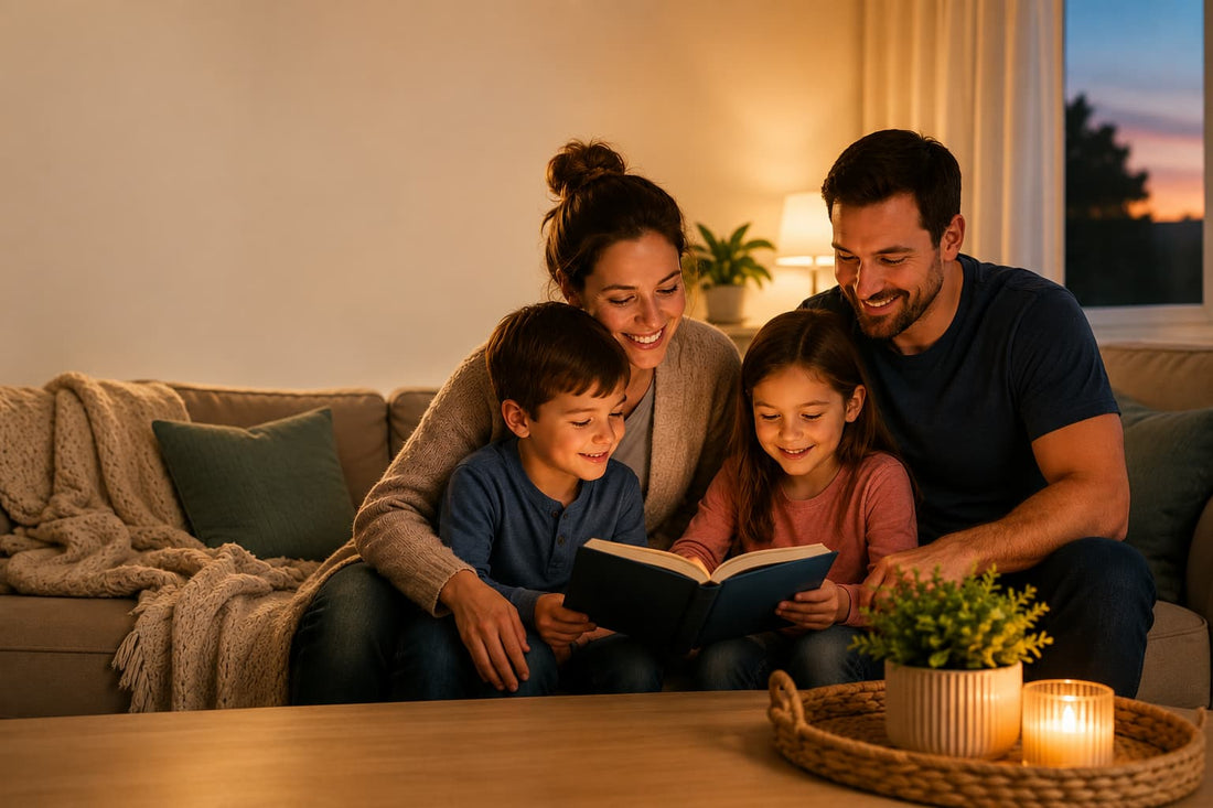 A calm family evening at home — parents and children winding down together in a cosy living room