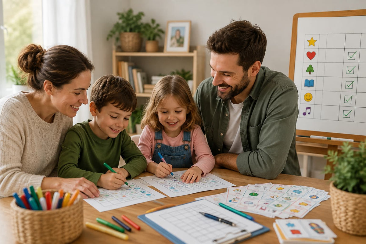 Family with two children enjoying screen-free activities together at a table, using printable trackers, activity cards, and art supplies for a 7-day screen-free family challenge.