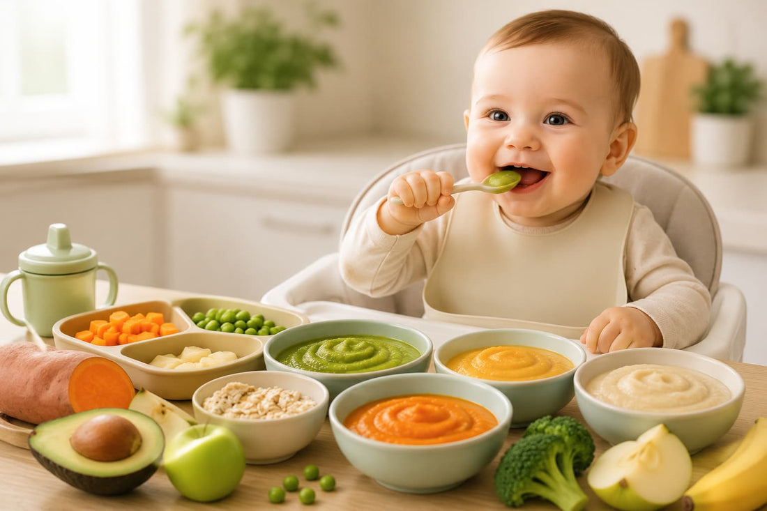 Stage-by-stage baby food guide showing smooth purees, mashed foods, and finger foods for babies aged 4 to 12 months