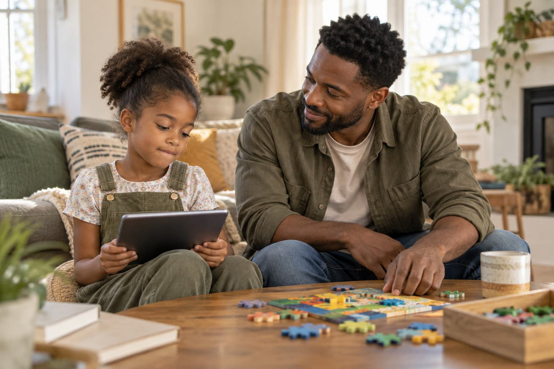 Father inviting his daughter to join a puzzle while she remains focused on her tablet.