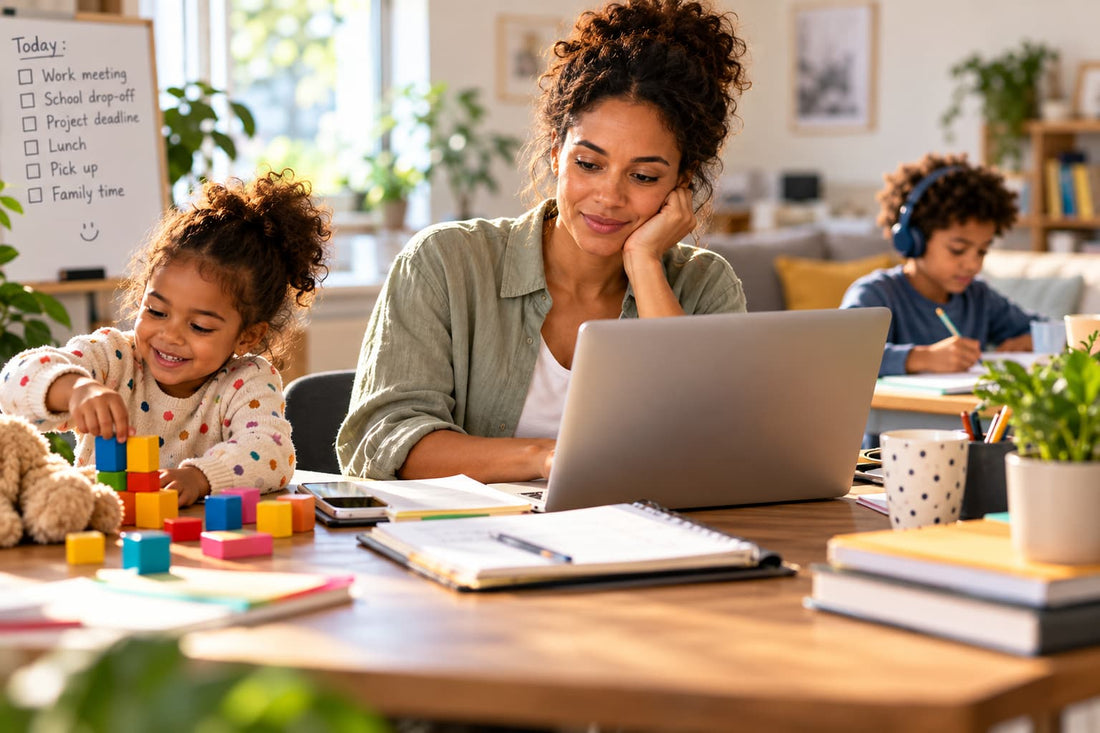 Working mother using a laptop at home while her young child plays with blocks and an older child studies nearby, illustrating the daily challenge of balancing remote work, childcare, and family life.