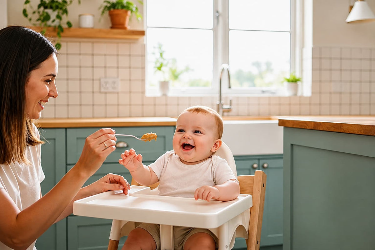 Parent offering an age-appropriate allergen food to a baby during mealtime