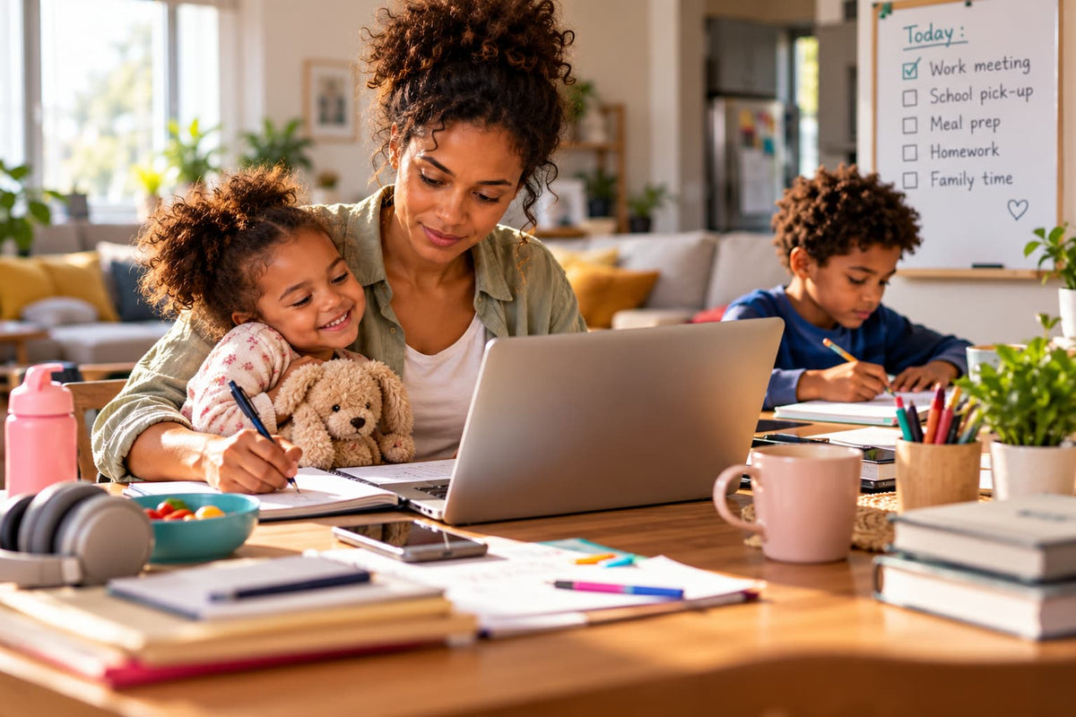 Working mother balancing remote work and family life at home while her young child sits beside her and an older child does homework, illustrating the daily challenges of managing work, childcare, routines, and family responsibilities.