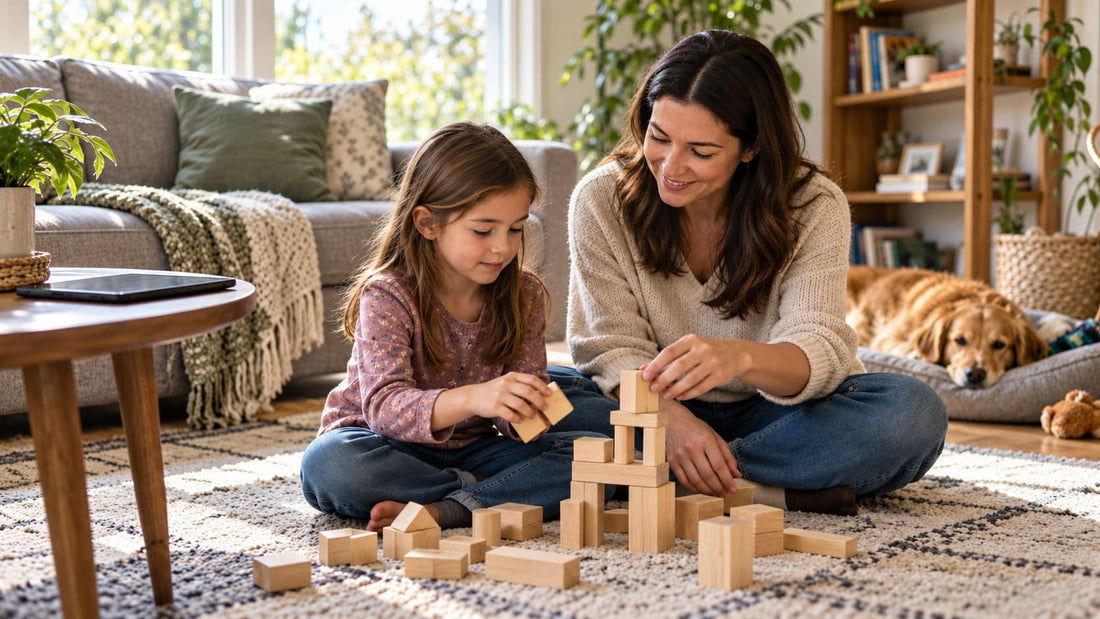 Mother and daughter sharing a calm moment together during a family screen-time reset.