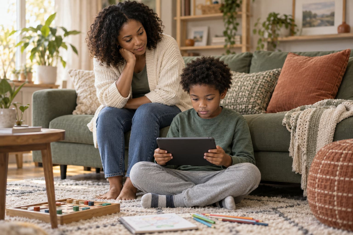 Mother watching attentively as her school-age child uses a tablet, with drawing materials and a game nearby.