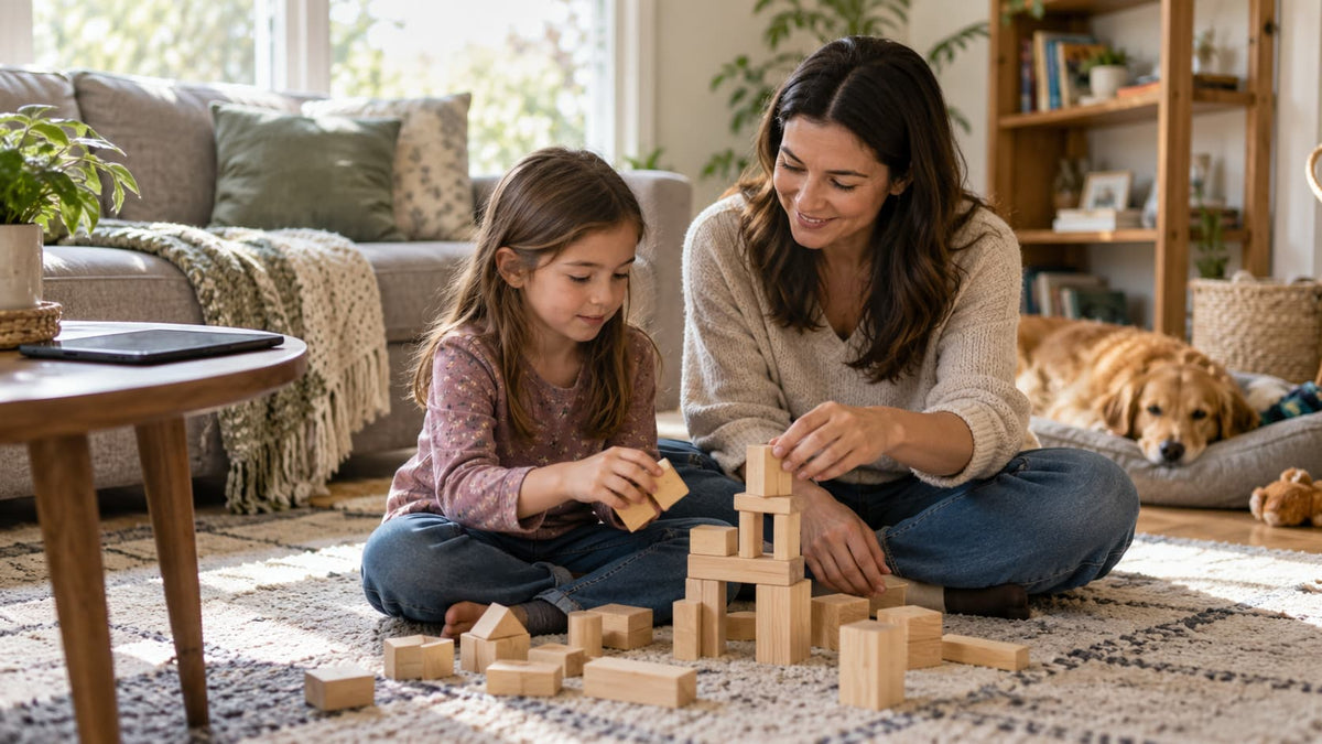 a warm, realistic featured image showing a parent and child enjoying an offline activity with the tablet set aside.