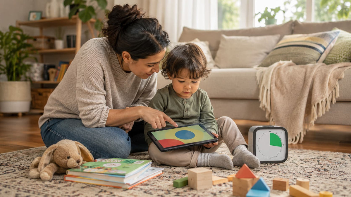 Mother and toddler using a tablet together beside a visual timer, books and wooden toys in a bright living room.