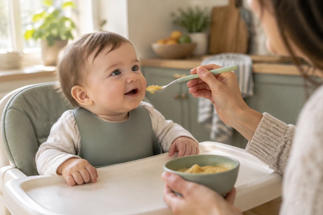 A parent offers a baby a spoonful of soft food while the baby sits upright in a highchair in a sunlit kitchen.