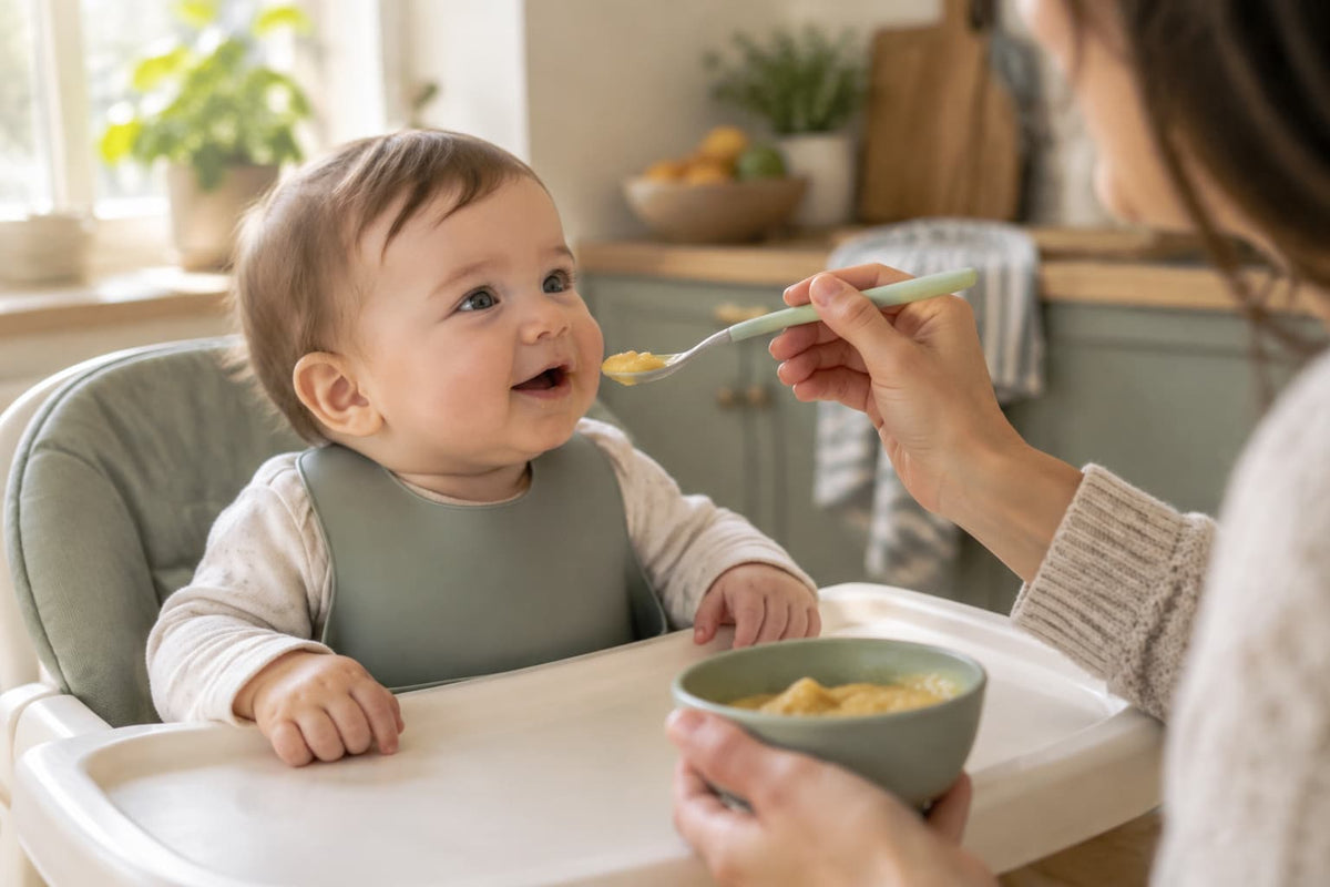 A parent offers a baby a spoonful of soft food while the baby sits upright in a highchair in a sunlit kitchen.
