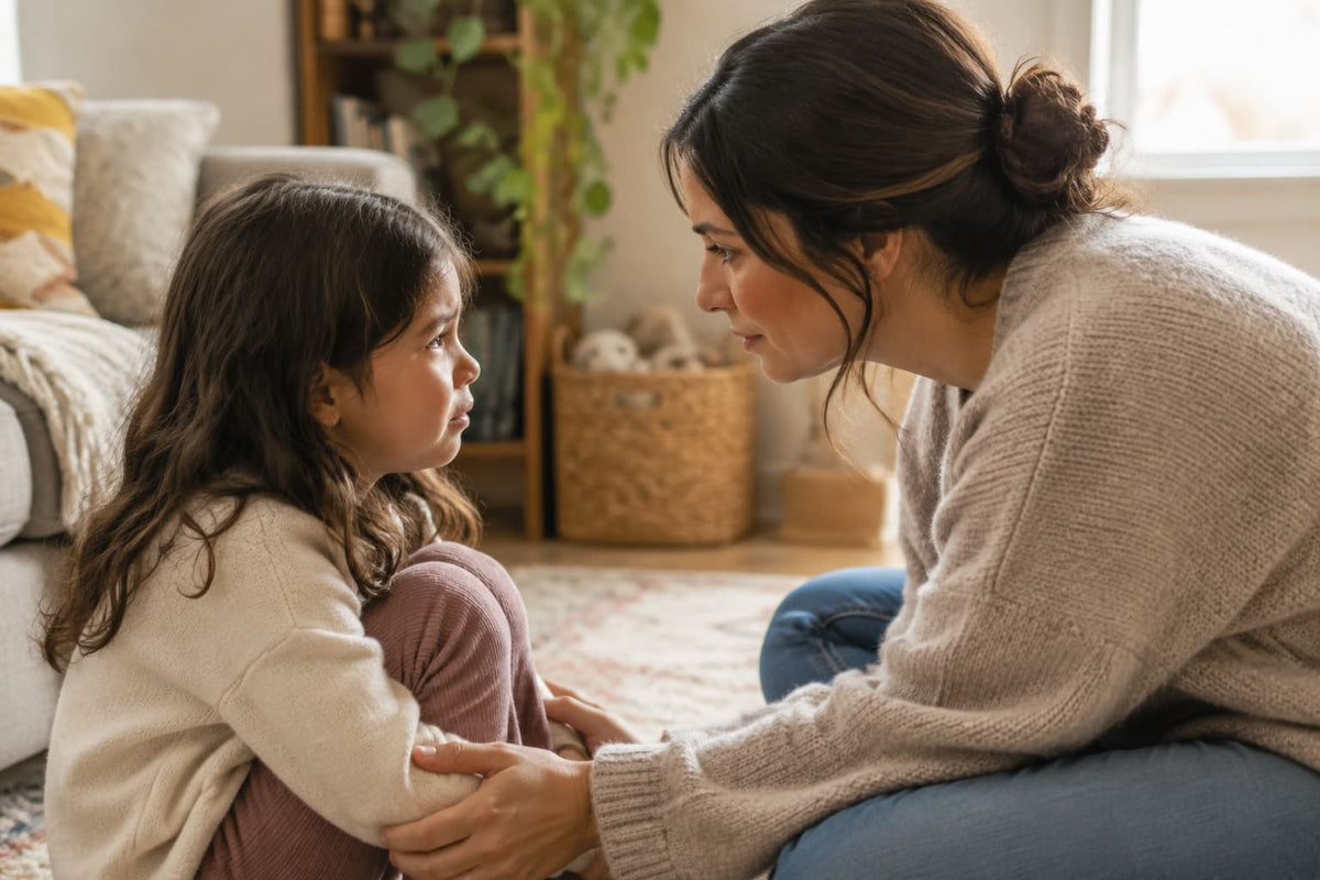 A parent kneeling down to make eye contact with a young child during an emotional moment, speaking to them calmly in a softly lit room