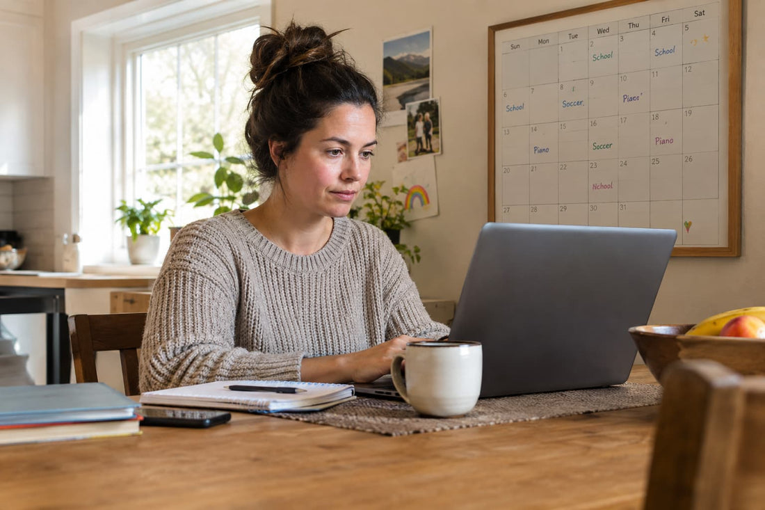 A parent working at a laptop during school hours with a family calendar visible nearby