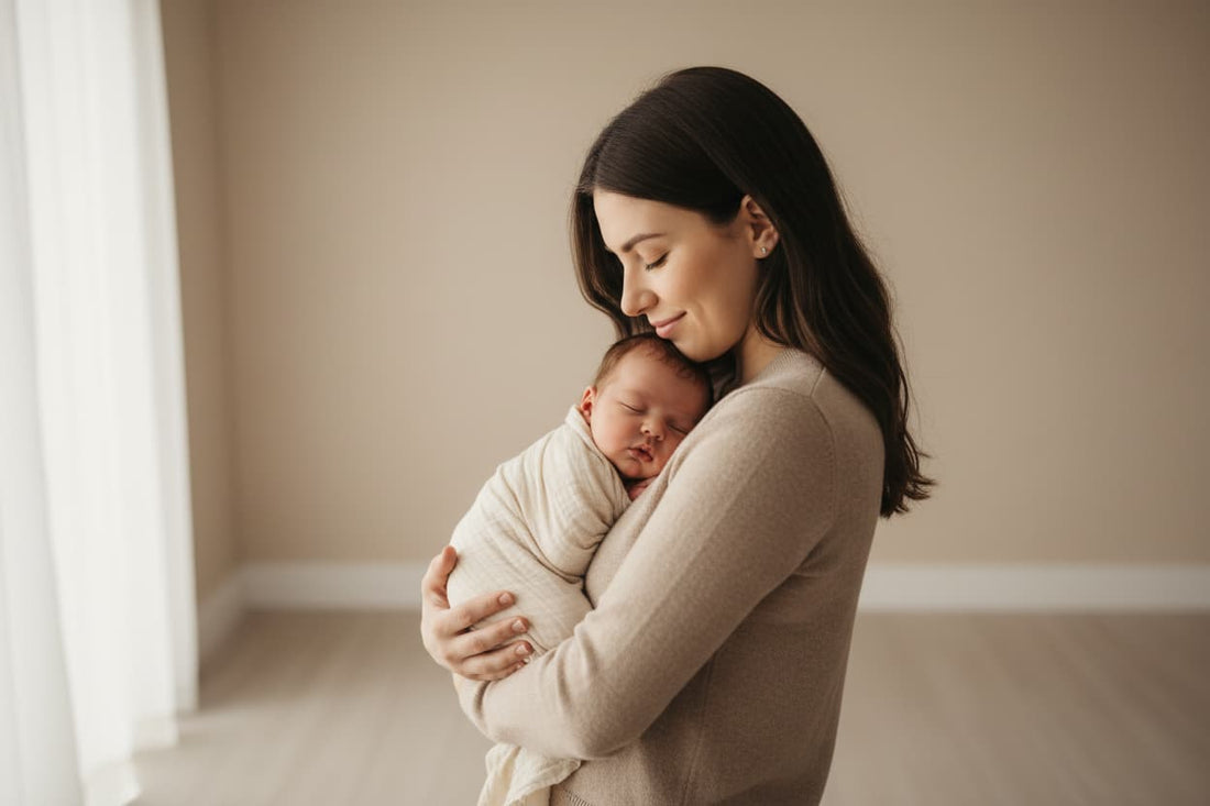 Mother holding a sleeping newborn baby against her chest during a contact nap, wrapped in a cream muslin swaddle in soft natural light