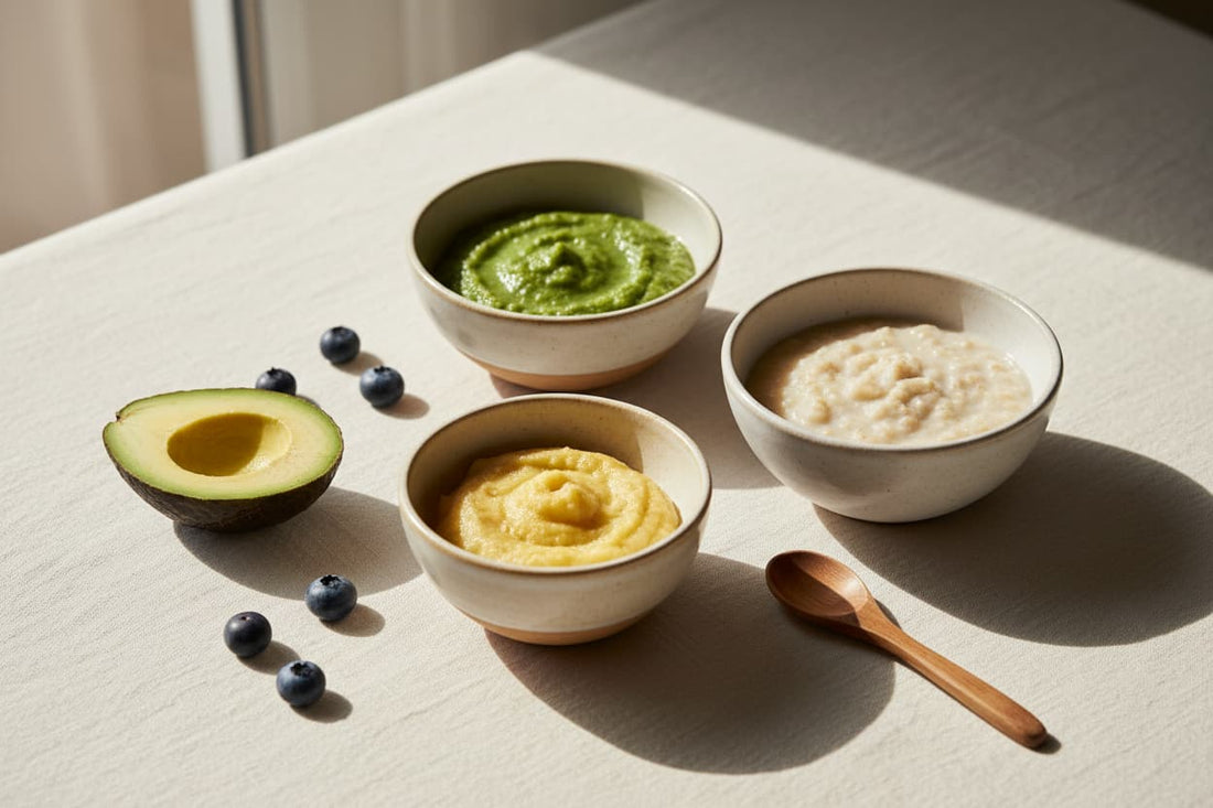 Small ceramic bowls of baby purée, mashed banana, and oat porridge arranged on a cream linen surface with a wooden spoon and fresh fruit — illustrating a realistic baby feeding schedule by stage