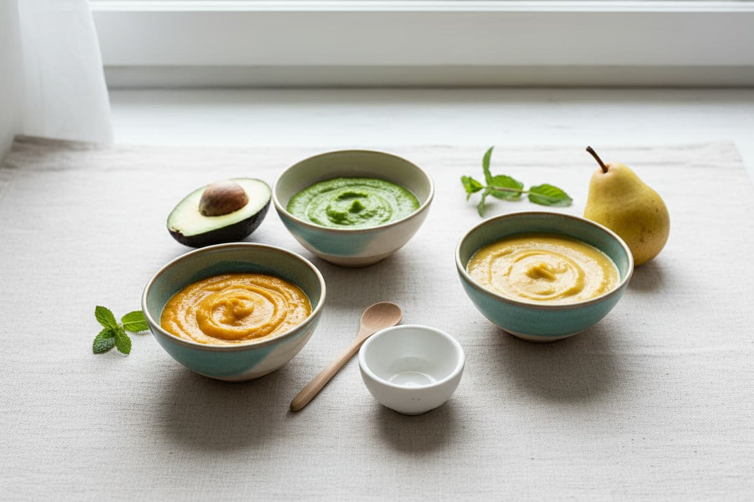 Flat lay of colorful baby food purees in ceramic bowls with fresh ingredients on a cream linen surface