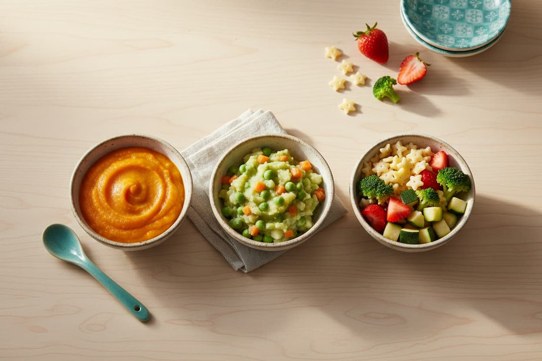 Three bowls showing baby food progression from smooth purée to mashed texture to soft finger foods representing Stage 1, 2, and 3