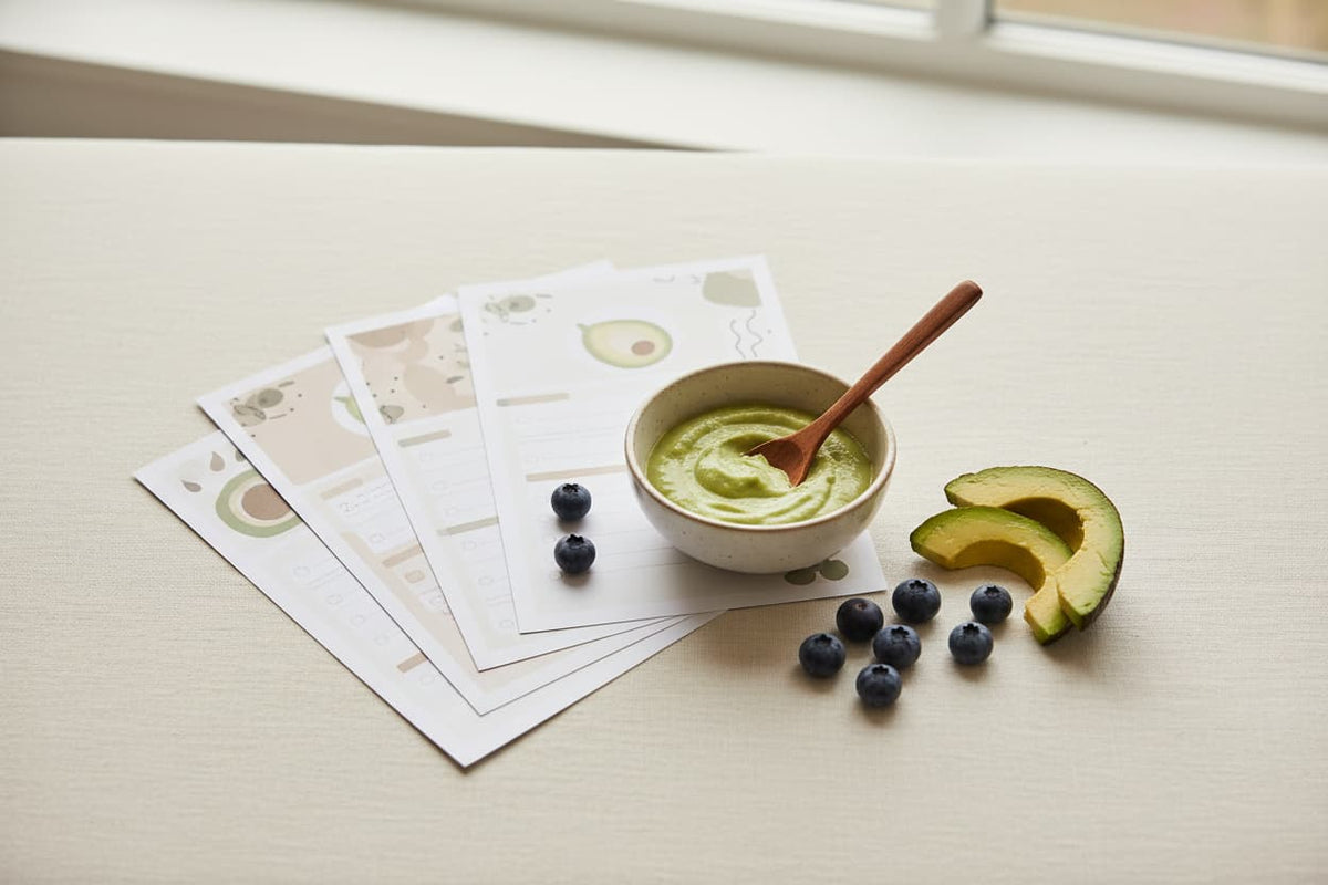 Printed baby feeding guides and checklists arranged on a cream linen surface with a wooden spoon, small bowl of purée, and fresh fruit — illustrating the Baby Food Starter Guide printable kit