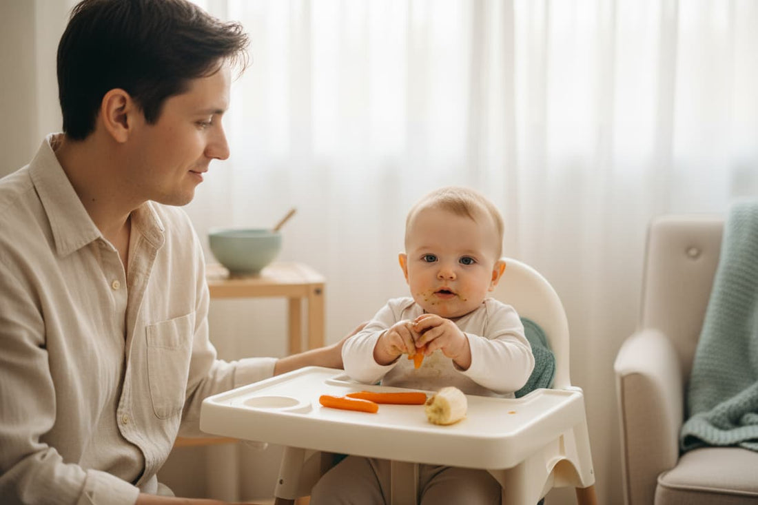 Parent sitting attentively beside a baby in a highchair exploring soft food, soft natural light, calm and reassuring mealtime scene representing baby safety when starting solids