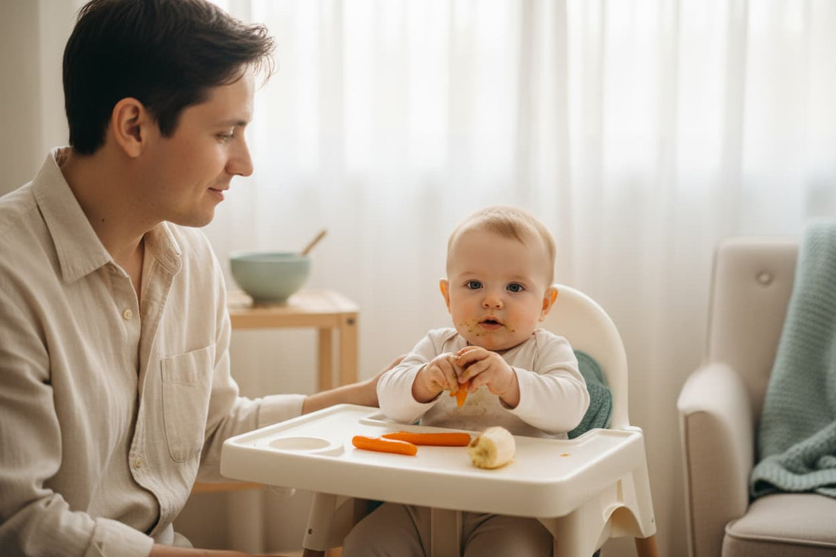 Parent sitting attentively beside a baby in a highchair exploring soft food, soft natural light, calm and reassuring mealtime scene representing baby safety when starting solids