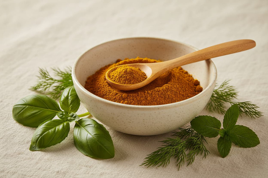 Wooden baby spoon resting across a bowl of golden turmeric with fresh basil, dill and mint sprigs on a cream linen surface