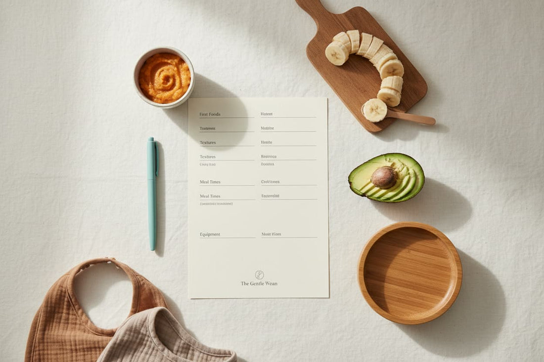 Baby weaning checklist on cream paper with a teal pen, surrounded by first foods including sweet potato, banana, and avocado