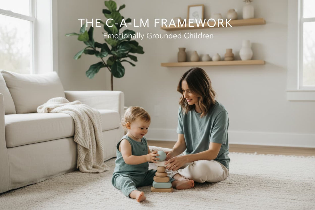 Parent crouching to eye level with toddler at home — C-A-L-M Framework for raising emotionally grounded children ages 0–8
