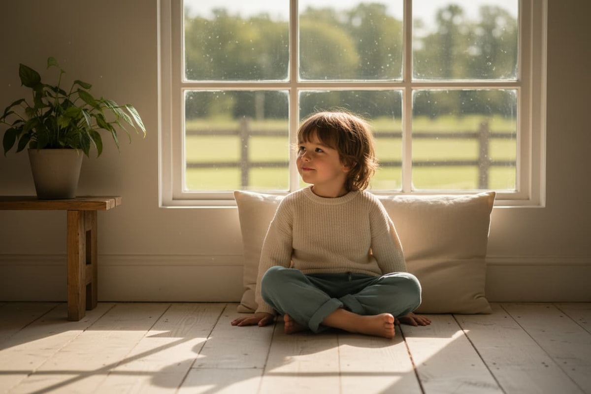 Young child sitting cross-legged by a sunny window, gazing thoughtfully outside — illustrating the benefits of boredom and quiet time for kids