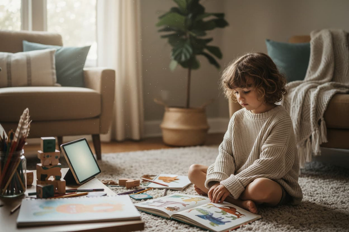 Child considering screen time in a family room with a tablet, picture book, wooden blocks, and art supplies nearby