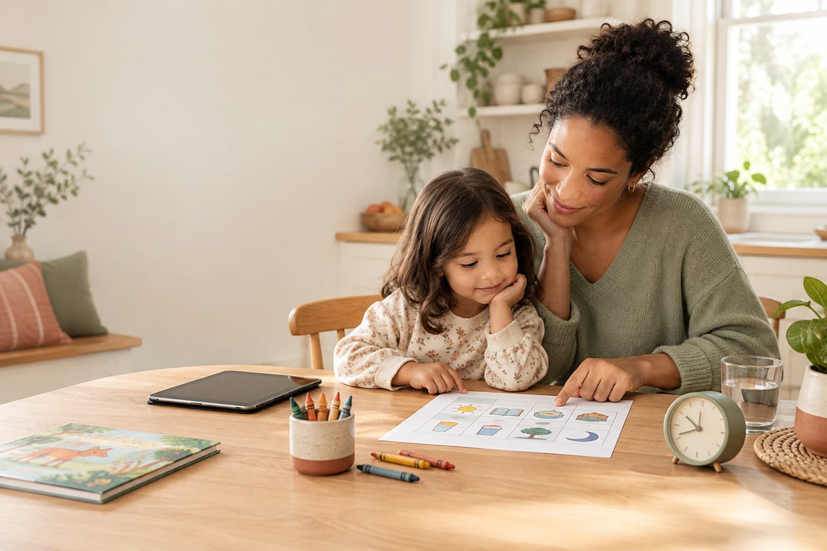 Parent and 5-year-old child reviewing a family screen-time routine at a kitchen table beside a tablet, crayons, and a picture book.