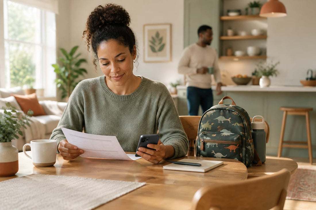 A parent reviews a paper plan and checks their phone at the kitchen table, with a child’s backpack beside them and another adult in the background.