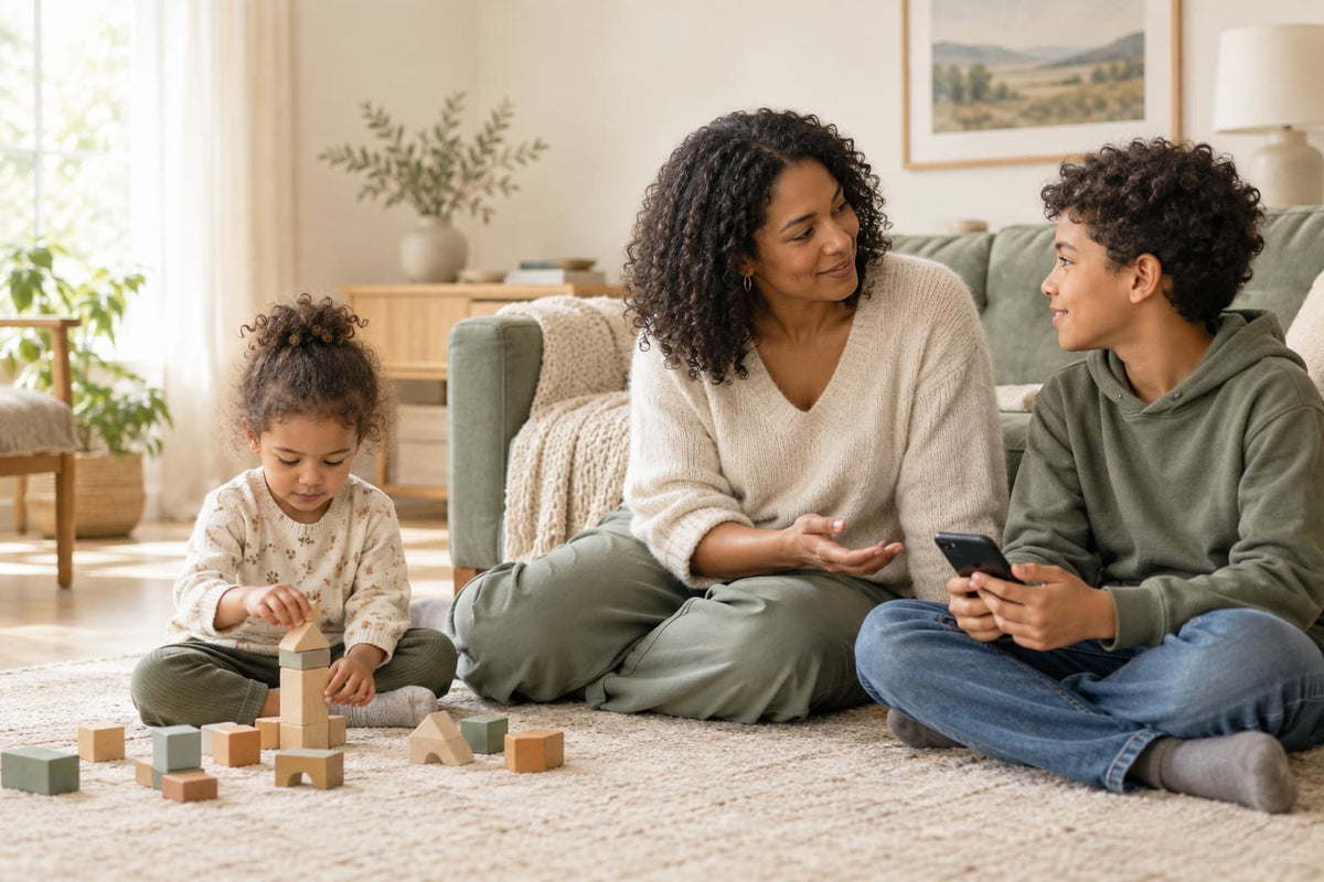 Parent talking with an older child holding a phone while a younger child plays with blocks nearby.