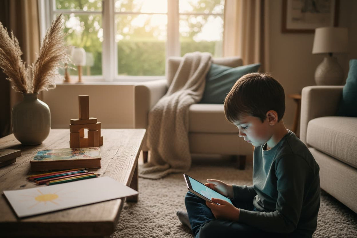 Child sitting near a softly glowing tablet with a picture book, wooden blocks, and drawing supplies nearby