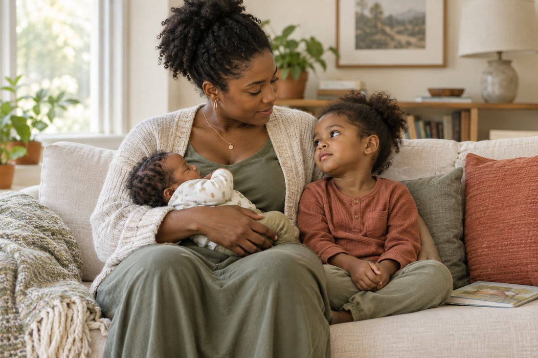 Mother cradling her newborn on a sofa while exchanging a gentle look with her toddler seated beside her.