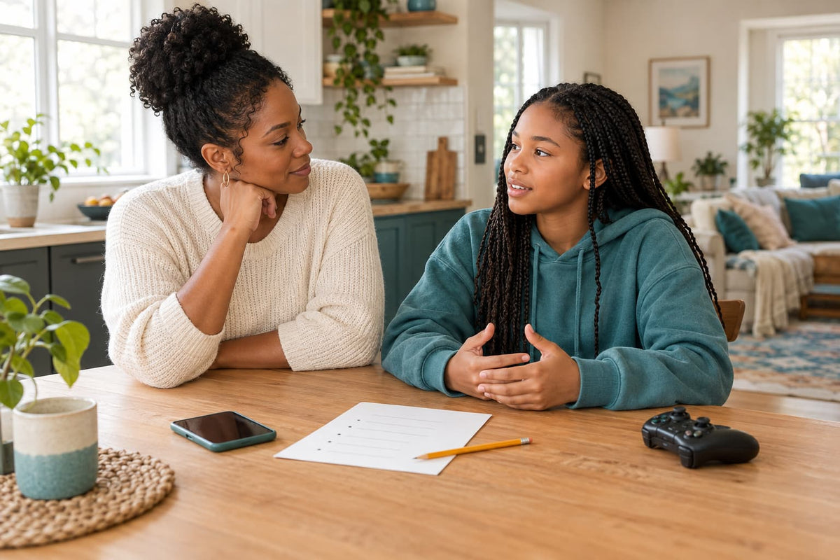 Parent and tween discussing a screen-time agreement at a kitchen table, with a smartphone and game controller nearby.
