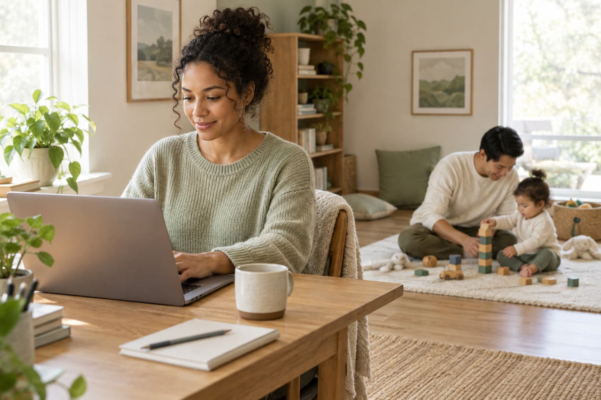 Parent working at a laptop while another adult plays with a toddler nearby