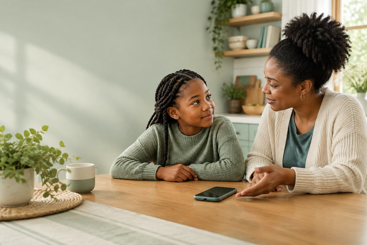 Parent and school-age child discussing first-phone readiness together at a kitchen table
