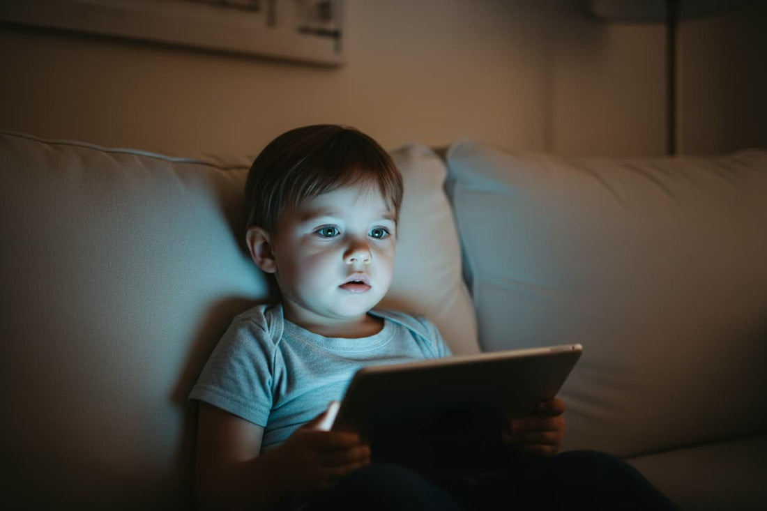 toddler alone on sofa with face lit by tablet screen — AI-era screen time effects on toddler emotional regulation