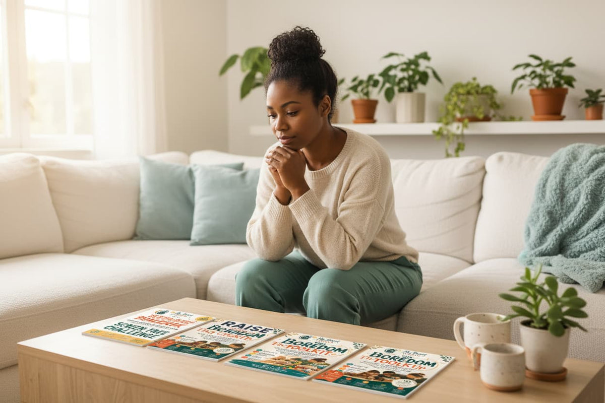 A parent sitting on a sofa thoughtfully comparing four screen-free family guides spread on a coffee table — choosing the right screen-free parenting resource for their family