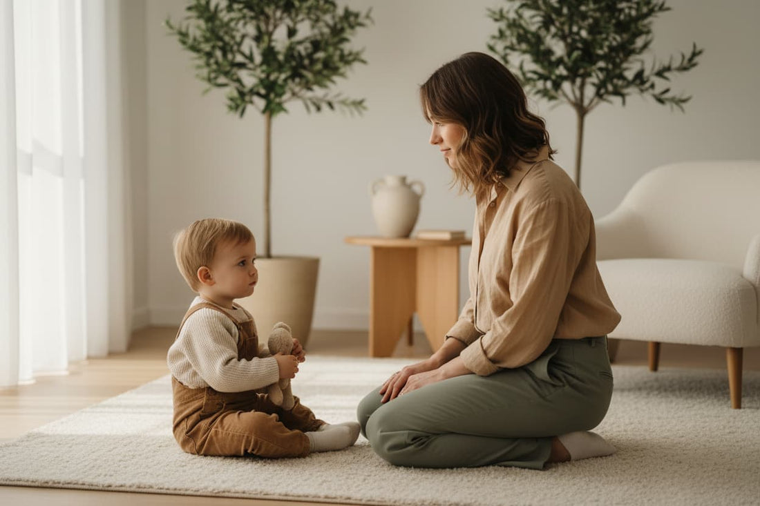 A parent kneeling calmly to a child's eye level in a warm, neutral-toned living room, demonstrating gentle discipline with empathy and connection.