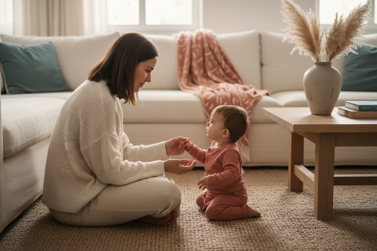 A parent sitting on the floor at eye level with their toddler, calmly and gently reaching toward them in a warm, softly lit living room — illustrating co-regulation and emotional connection.
