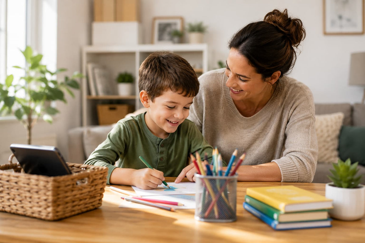 A mother smiling and sitting beside her young son as he draws with coloured pencils at a wooden table, with books and art supplies nearby — screen-free activity at home