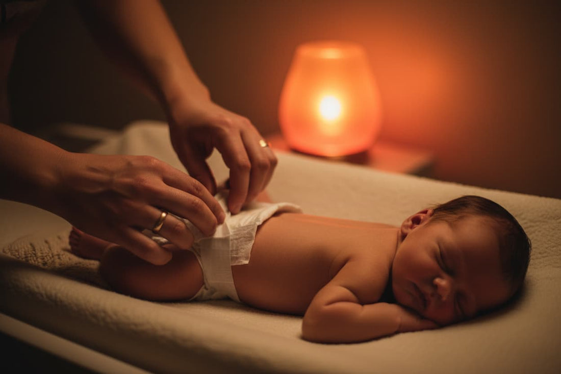 Parent gently changing a newborn's diaper at night using a dim amber nightlight, with wipes and supplies within reach on a bedside changing mat