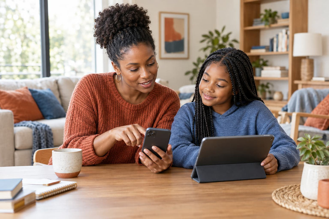 Parent and child calmly reviewing parental-control settings on a tablet together