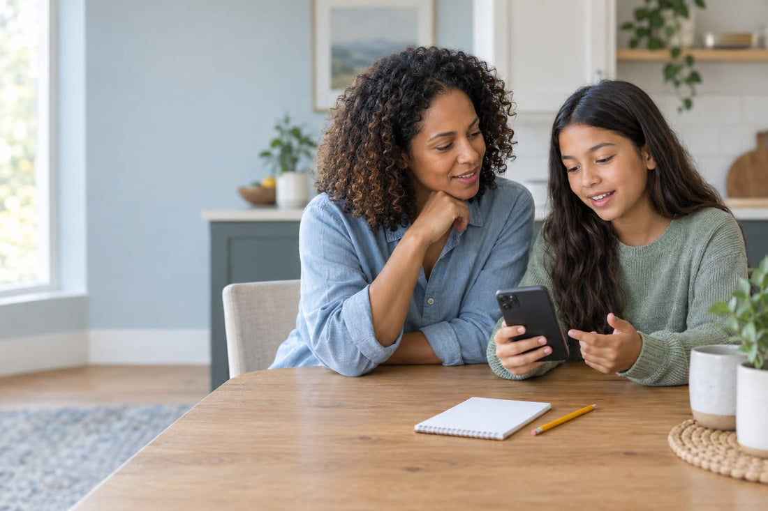 Parent and preteen discuss social media together while looking at a phone and a readiness checklist.