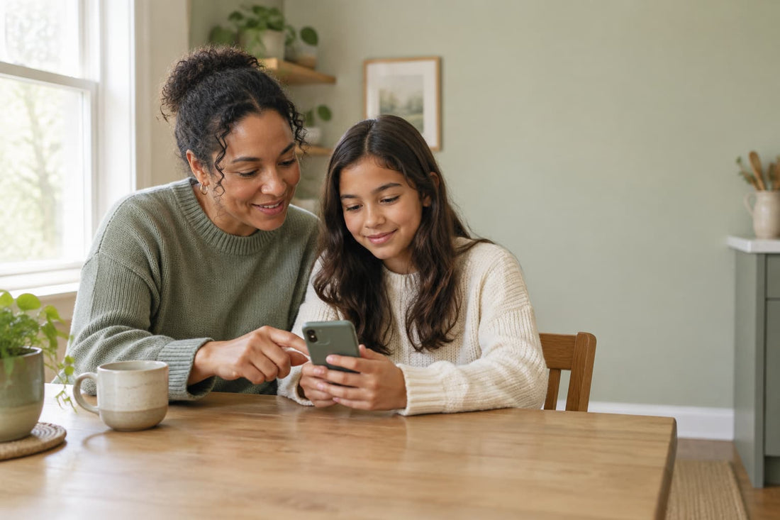 Parent and tween sitting side by side at a table, reviewing a smartphone together.⠋