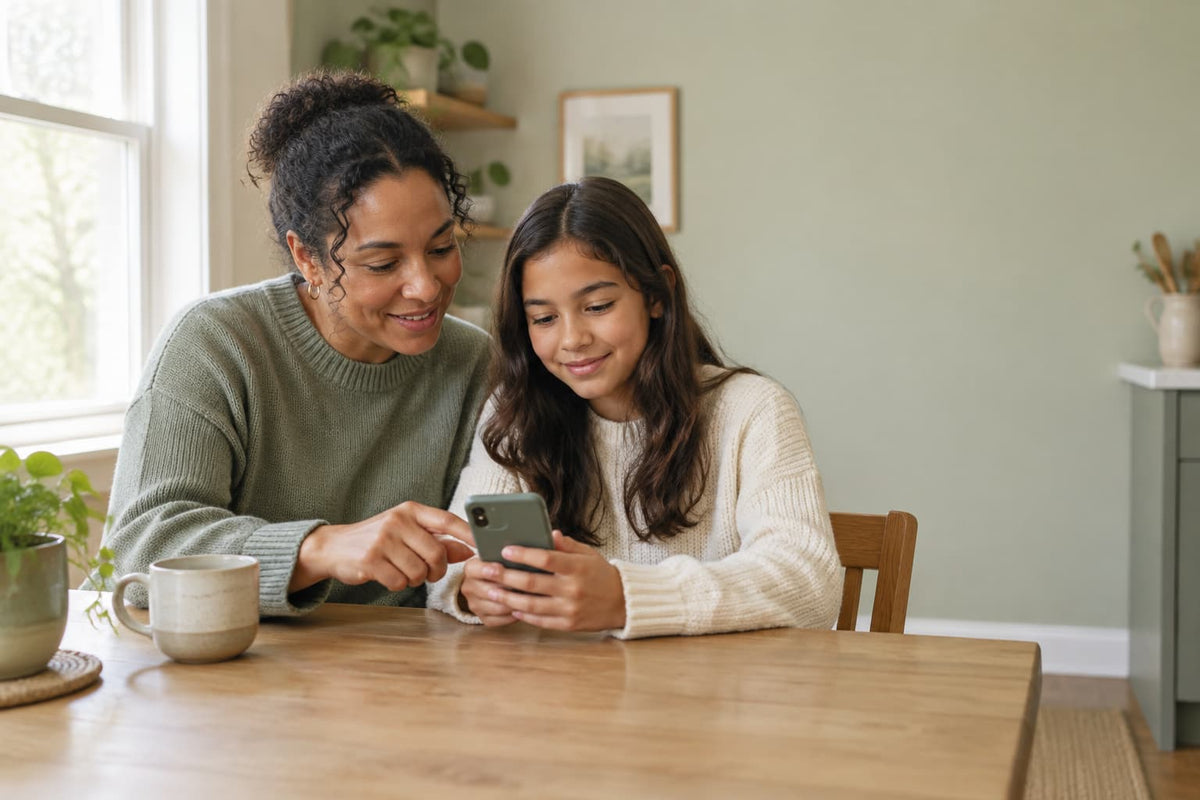 Parent and tween sitting side by side at a table, reviewing a smartphone together.⠋