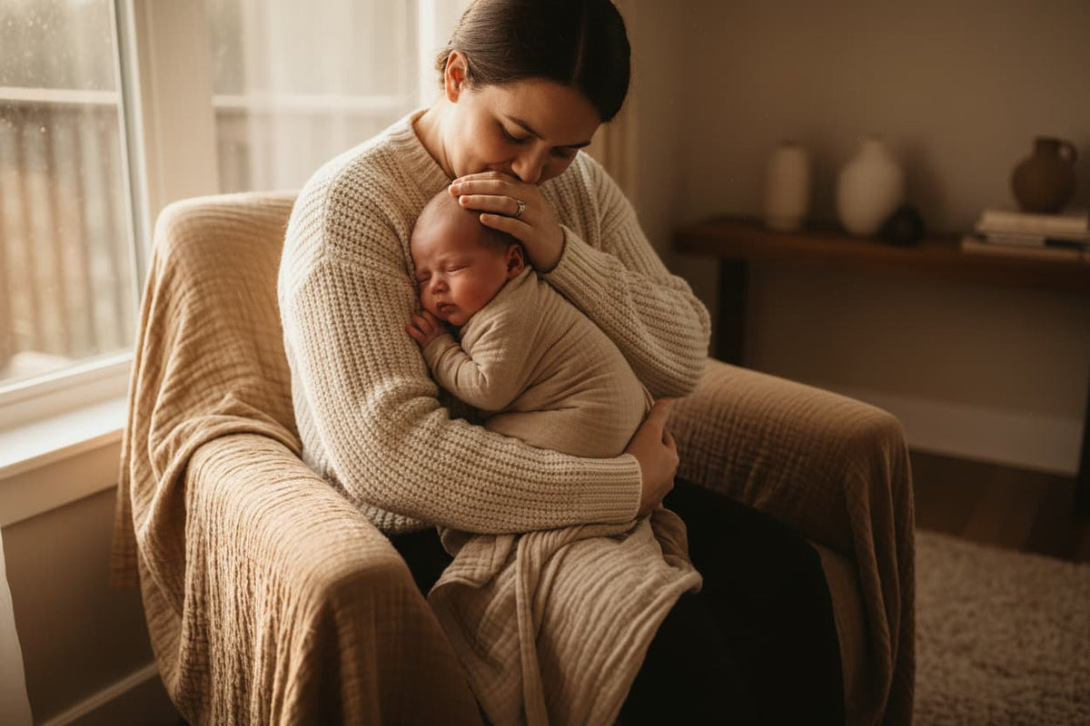 Parent gently soothing a crying newborn baby, cradling them close in a calm, nurturing hold