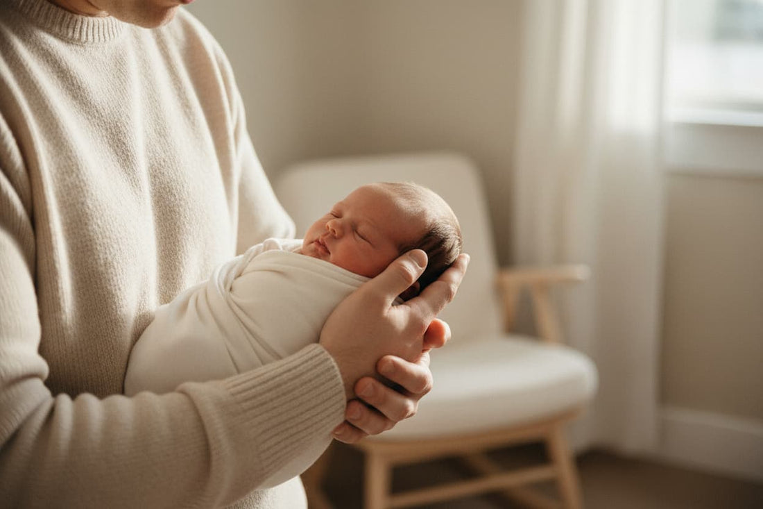 A parent gently cradling and soothing a newborn baby in soft, warm natural light