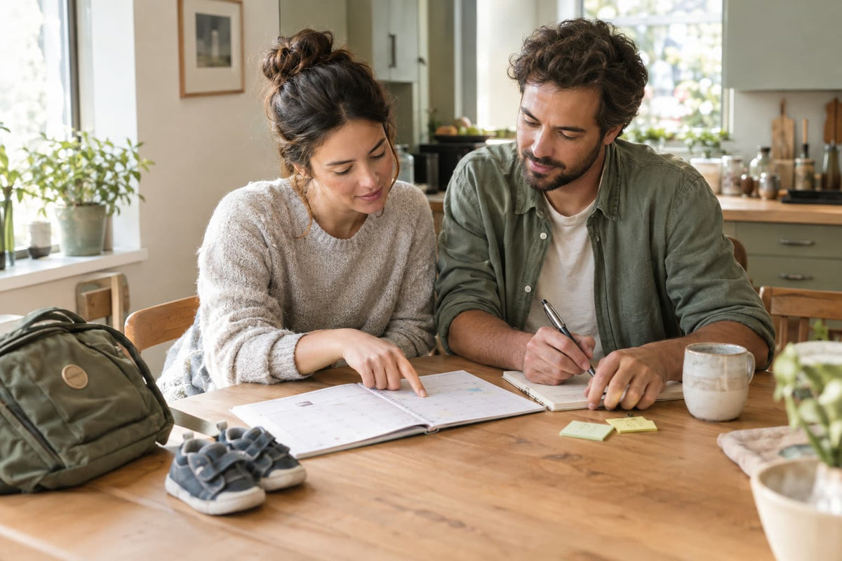 Two parents review a family planner and write notes together at a kitchen table, with a child’s backpack and shoes nearby
