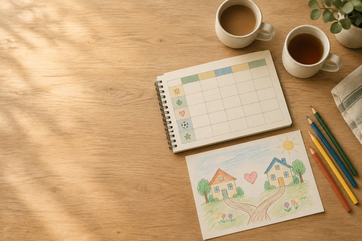 Weekly calendar beside a child's drawing of two homes connected by a path
