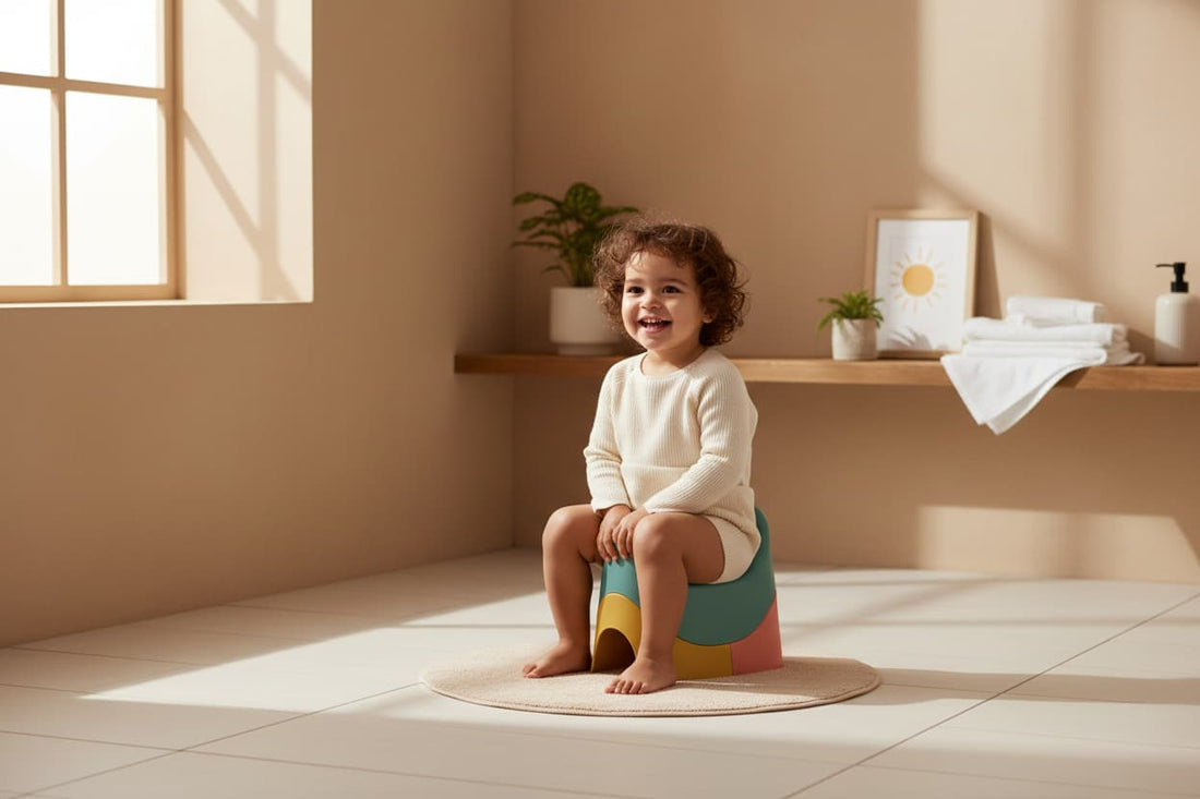 Toddler sitting on a potty during potty training at home